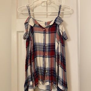 Francesca’s size small off shoulder flannel button down